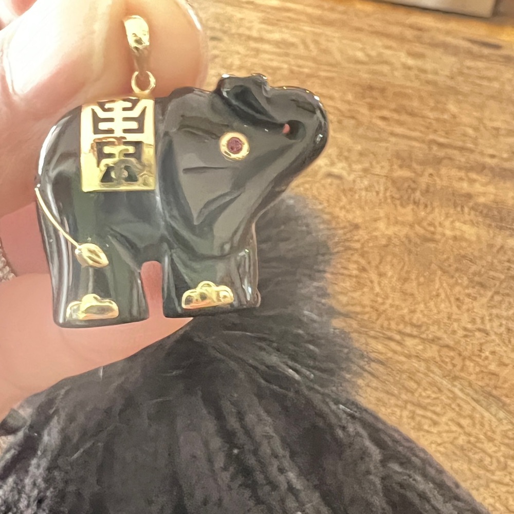 Black Onyx Elephant Pendant with 10k Gold Ruby Accents